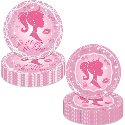 LetDec Decoración de fiesta de cumpleaños rosa para niña, platos de papel desechables de princesa rosa, vajilla para niñas, cumpleaños, baby shower, suministros de fiesta