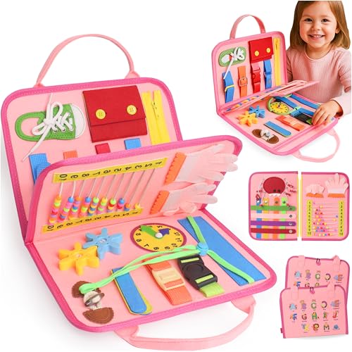 JAGSYJOY Montessori Busy Board Book, Toddlers, Sensory Activities and Preschool Learning - Toy for Home, Airplane and Car Travel (Pink)
