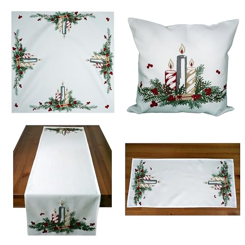 Tablecloth Table Runner Cushion Cover White Nostalgic Crank Embroidery Motif Advent Arrangement with Gold (40 x 140 cm)