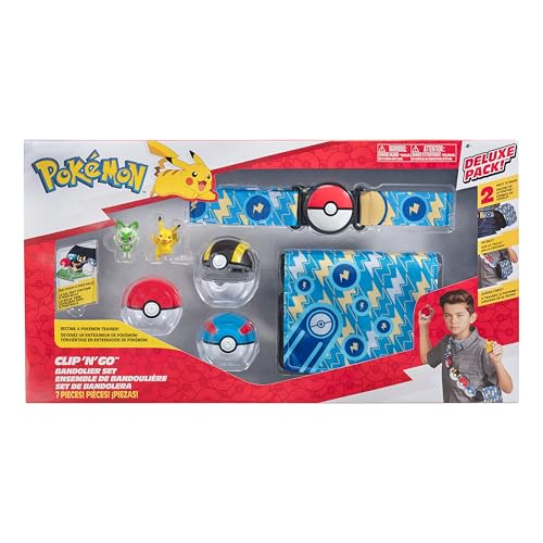 Pokémon Clip N Go Bandolier Promo Set – Figurine de combat Pikachu et Sprigatito de 5,1 cm – 3 Pokéball, ceinture, sac – Ensemble de jouets pour...