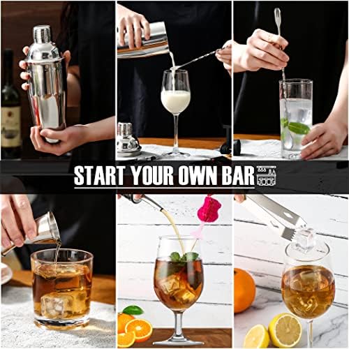 Disfruitas Cocktail Shaker Set 11-Piece Cocktail Making Set Stainless Steel Cocktail Mixing Set with Wooden Display Stand Cocktail Shaker, Strainer, Mixing Spoon and Other Tools-Cocktail Gift Sets