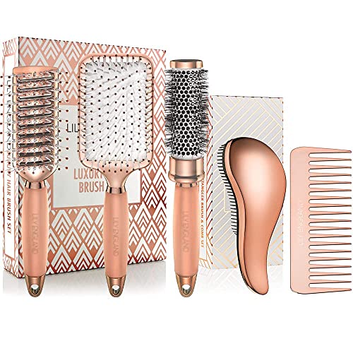 Hair Brush Set - Rose Gold Luxury Professional Hairbrushes and Comb for Detangling, Blow Drying, Straightening - Gift Bundle by Lily England