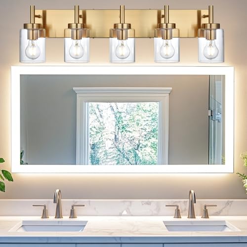 Image of 5-Light Bathroom Light Fixtures, Brushed Brass Indoor Vanity Light Over Mirror with Milky White Frosted Glass Shades Modern Wall Lighting for Hallway Makeup Table