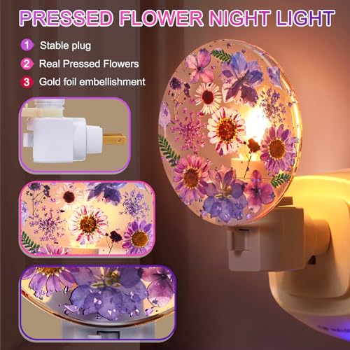 Image of Glooglitter Pressed Flower Night Light Plug in-Handmade Dried Floral Wall Night Light, Soft Glow Decorative Nightlight for Hallway Bedroom Nursery Bathroom, Vintage Botanical(Purple,Flower)