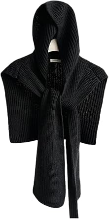 Womens 3-in-1 Knitted Hooded Shawl Striped Scarf Hat Neck Warmer Pashmina Shawls and Wraps Sweater Tie Up Shoulder Tops Cape