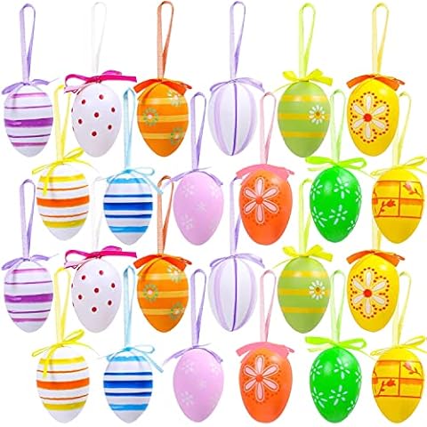 Hutato Easter Eggs Decorations -24 Pieces Easter Hanging Ornaments, Colorful DIY Crafts Plastic Eggs Easter Tree Ornaments Decor, Kids School Home Office Party Supplies Gifts Cover