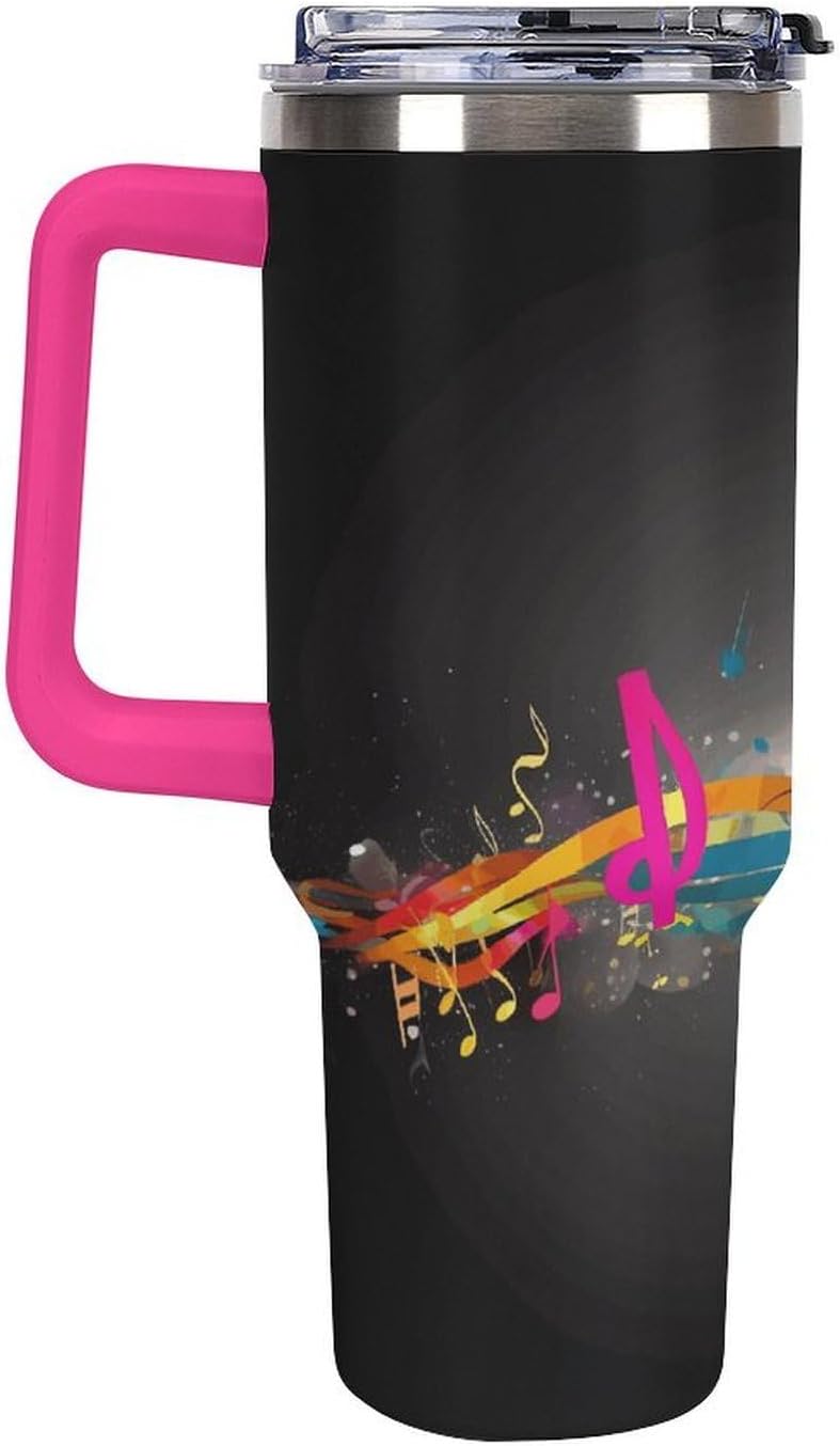 40 Oz Insulated Mug with Handle, Stainless Steel Colorful Musical Note Printed Travel Mug Portable Leak-proof Large Car Mug for Home, Office Or Car