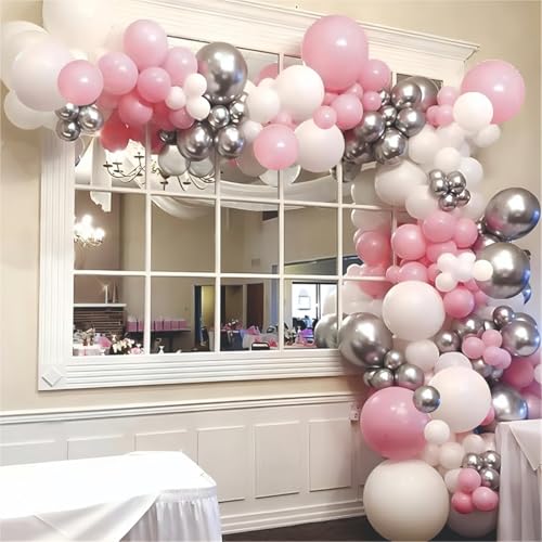 Image of Happy Birthday Balloons Decoration Kit - 41 pcs Pink, White & Silver Chrome Balloons Garland Set for Birthday Decoration | Birthday Party Decoration Set for Celebrations for Kids & Girls