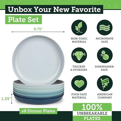 Grow Forward Premium Wheat Straw Plates - 10 Inch Reusable Hard Plastic Dinner Plates Set of 8 - Unbreakable Microwave Safe Plates for Dessert, Camping, RV, Outdoors, Patio, Kitchen Dishes - Seascape by Grow Forward - Image 3
