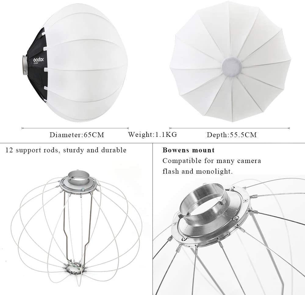 Godox Lanterna Softbox 65 cm (26 pollici) Globo Softbox con supporto Bowens amplia la compatibilità per luce LED/flash da studio/flash monolight e altri (CS65D)