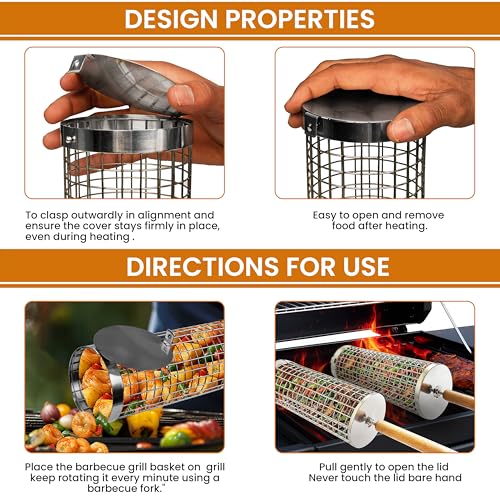 BBQ Grill Basket Set (2PCS), 304 Stainless Steel, Nesting Grilling Net, Rolling BBQ Accessories Tool for Vegetable Shrimp, Outdoor Cooking Camping, Birthday Gifts for Men Dad Husband