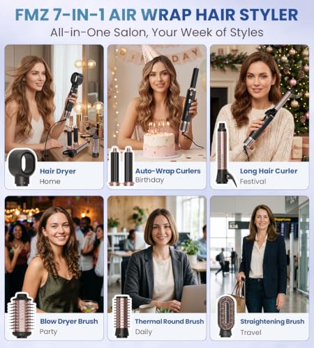 FMZ 7-in-1 Air Wrap Hair Styler, Ionic Blow Dryer Brush & Curler - image 2