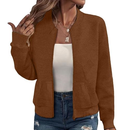 WROLEM Women Zip Up Sweatshirts with Pockets Long Sleeve Jackets Casual Loose Stand Collar Lightweight Short Outwear, Brown, M