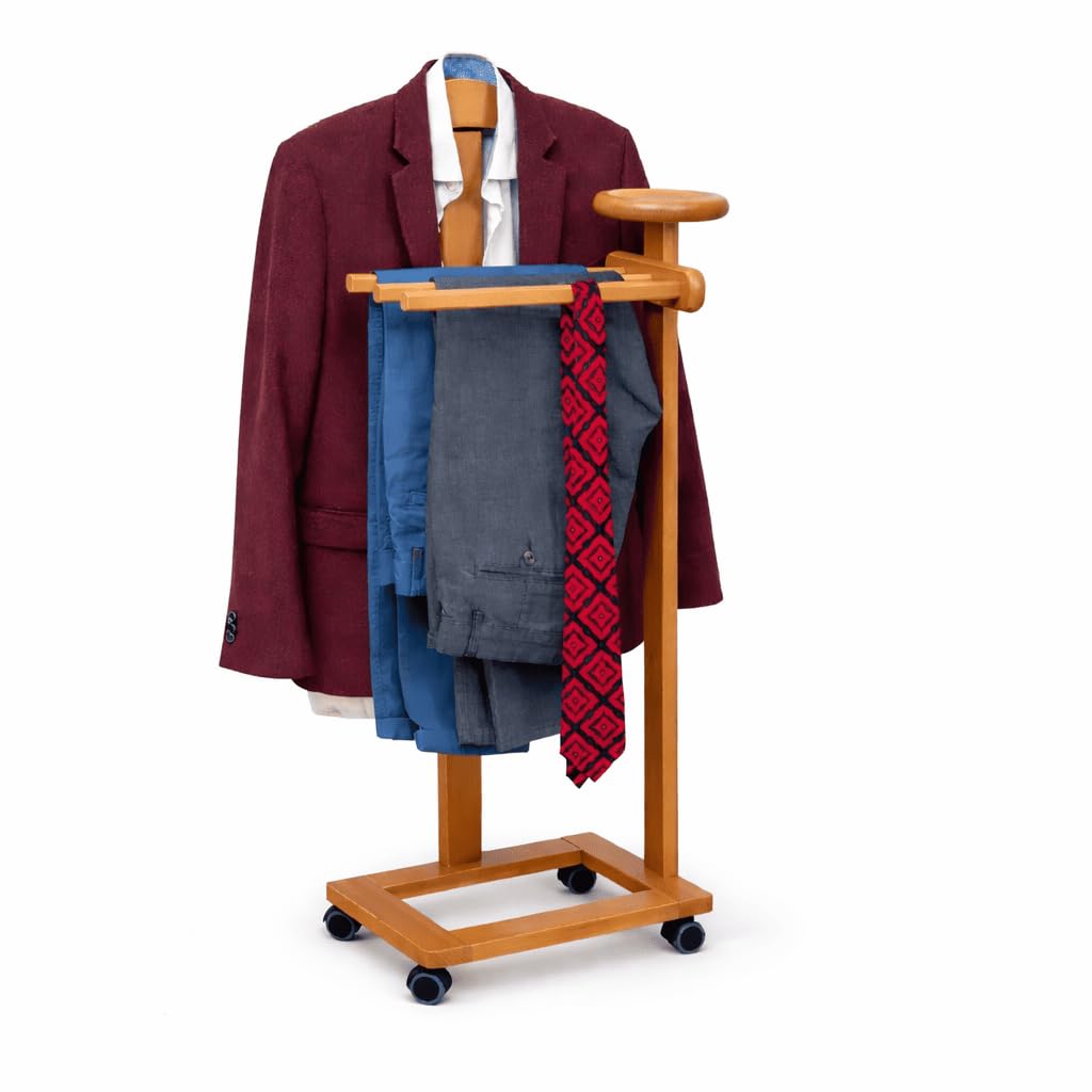 Tatkraft Lord Herrendiener aus Buche mit Rollen und Ablage, Italien | Moderner Herrendiener aus Buchenholz für Anzug, Hemd, Jacke, Krawatte und Hose, Herrendiener Schlafzimmer, Kleiderdiener