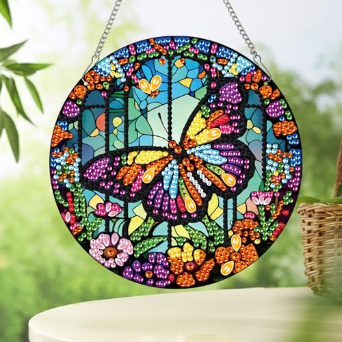 Tontut Hanging Decorations Diamond Painting Kits Window Pendant DIY Butterfly Flower Diamond Painting Special Shape Diamonds Art Home Wall Garden Window Decoration
