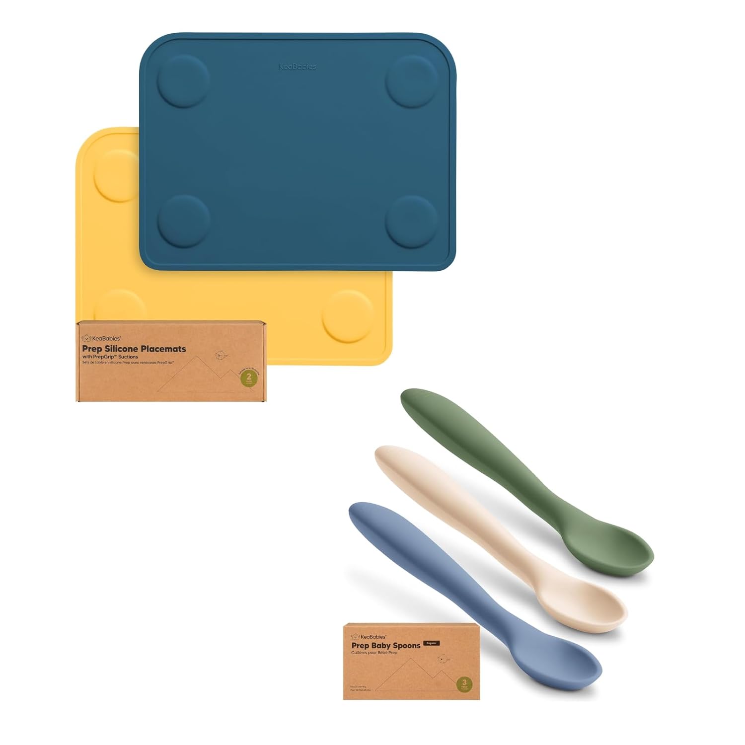 Keababies 2-Pack Silicone Placemats for Toddlers and 3-Pack Silicone Baby Spoons - Non Slip Placemat for Kids, Easy-to-Clean Baby Mat - Toddler First Food Training Spoon, Self Feeding 6-12 Months