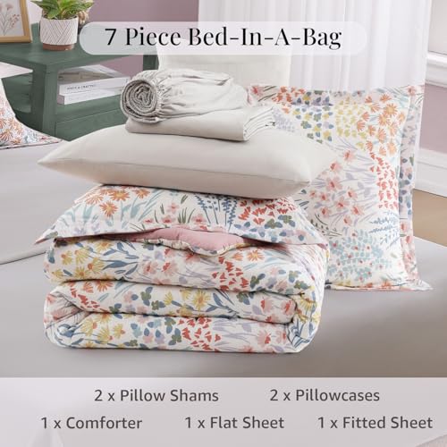 CASAAGUSTO Full Comforter Set, 7 Pieces Bed in a Bag Full Pinkish Floral Comforter Set with Flowers Leaves Pattern - image 9