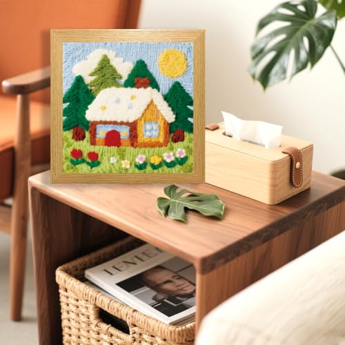 Image of BEUNITONE Forest House Punch Needle Kit for Adults Beginners, Complete Craft Kit with Needle, Frame, Yarn & Pattern, Create Wall Hanging, Christmas Wall Art Making 9.4 x 9.4 inch