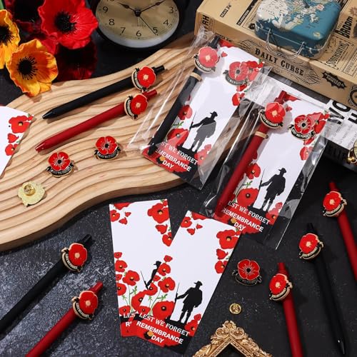 Image of 24 Sets Remember Memorial Day Gifts-24 Red Black Poppy Brooch Pins Lest We Forget Enamel Lapel Pin Veterans Day Memorial Day Lapel Pin Souvenir Brooch Badge, 24 Poppy Ballpoint Pens and Cards
