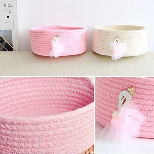 Inwagui Cotton Rope Storage Basket Nursery Round Hamper Woven Storage Box Desktop Organiser Home Decor Swan - Pink