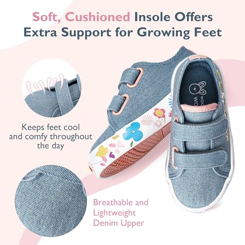 waddle wonder Denim Toddler Slip on Shoes for Boys & Girls Flowers and Bees Embroidery Hook & Loop Non-Slip School Walking Tennis Sneakers Blue Size 6-104