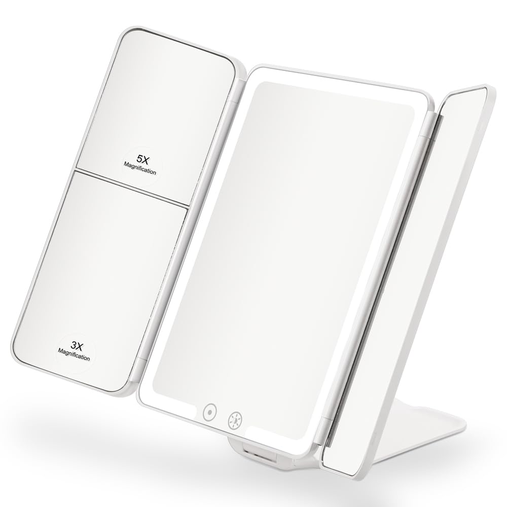 hajer Miroir Maquillage Lumineux à LED + Pochette de Transport, Grossissant 1X/3X/5X, 3 Modes éclairage, Tactile et Rechargeable USB-C avec Batterie en Lithium. Miroir Portable et Pliable de Voyage.