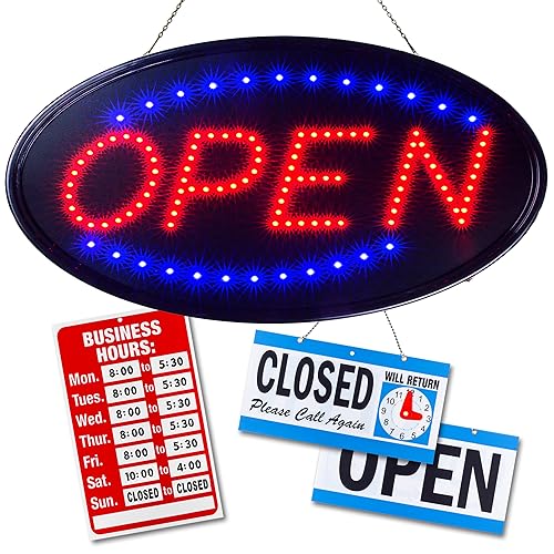 Ultima LED Neon Open Sign for Business: Oval LED Sign with Flashing Mode for Stores - Includes Business Hours and Open & Closed Signs