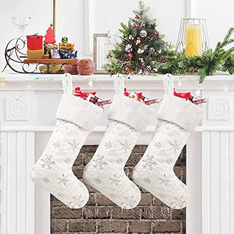 Caraknots White Christmas Stocking Set of 3 Large Faux Fur Silver Snowflake Stocking Christmas Decoration Xmas Holiday Fireplace Hanging for Family Kids Cover