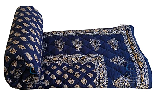 Image of Jaipuri Razai Single Bed Gold Print with Computerized Quilting Use as Soft and Breathable Cotton Comforter Quilt Rajai Blanket Dohar Size 55X85 inch Blue Pack of 2