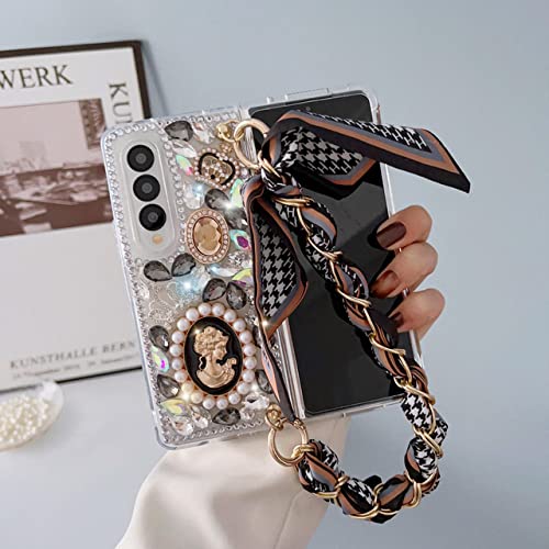 Coque Perle Relief Goddess Portrait Z Fold 3 en cristal luxe avec foulard