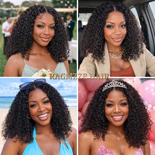 Image of V Part Wig Human Hair Kinky Curly Natural Black 18 Inch | Curly Human Hair Wig Upgrade U Part Human Hair Wigs for Black Women Glueless Wig Wear and Go 180 Density
