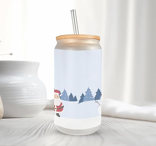 Miniatura 5 de Jingle All The Way Frosted Glass Can with Bamboo Lid, cleaning brush and plastic straw, 16 Oz Santa Claus & Snowman Glass Cup, Winter Vibes Cup,