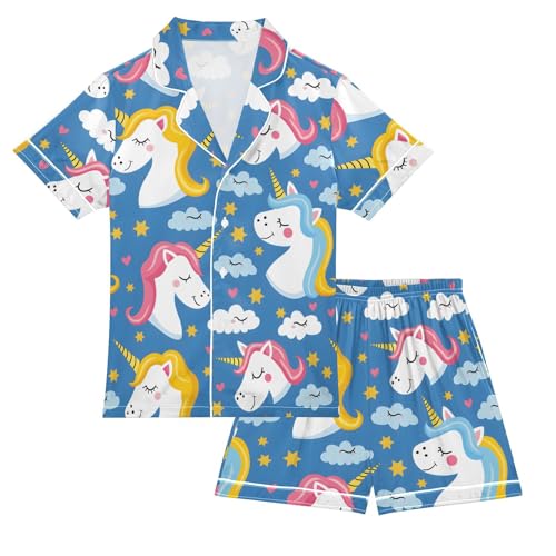 ALAZA Cute Unicorn Cloud Star Blue Satin Pajamas Set Short Sleeve Button Down Sleepwear Summer Pjs 2 Piece