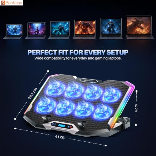 Image of Bonkaso RGB Laptop Cooling Pad with 8 High-Speed Fans, 10 RGB Modes, Smart LED Display, 6-Level Adjustable Stand, Detachable Phone Holder, Dual USB Ports, Iron Mesh, Quiet Operation