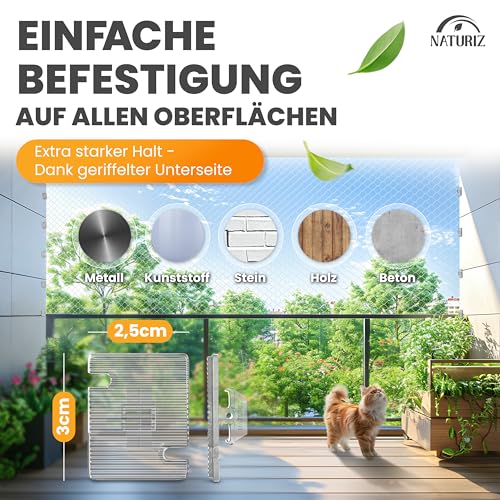 Naturiz® Katzennetz für Balkon ohne Bohren inkl. Klebehaken & Silikonkleber – Katzenschutznetz für Balkon & Fenster, Katzennetz transparent - Taubennetz, Katzenschutznetz, Katzengitter (3x4m)
