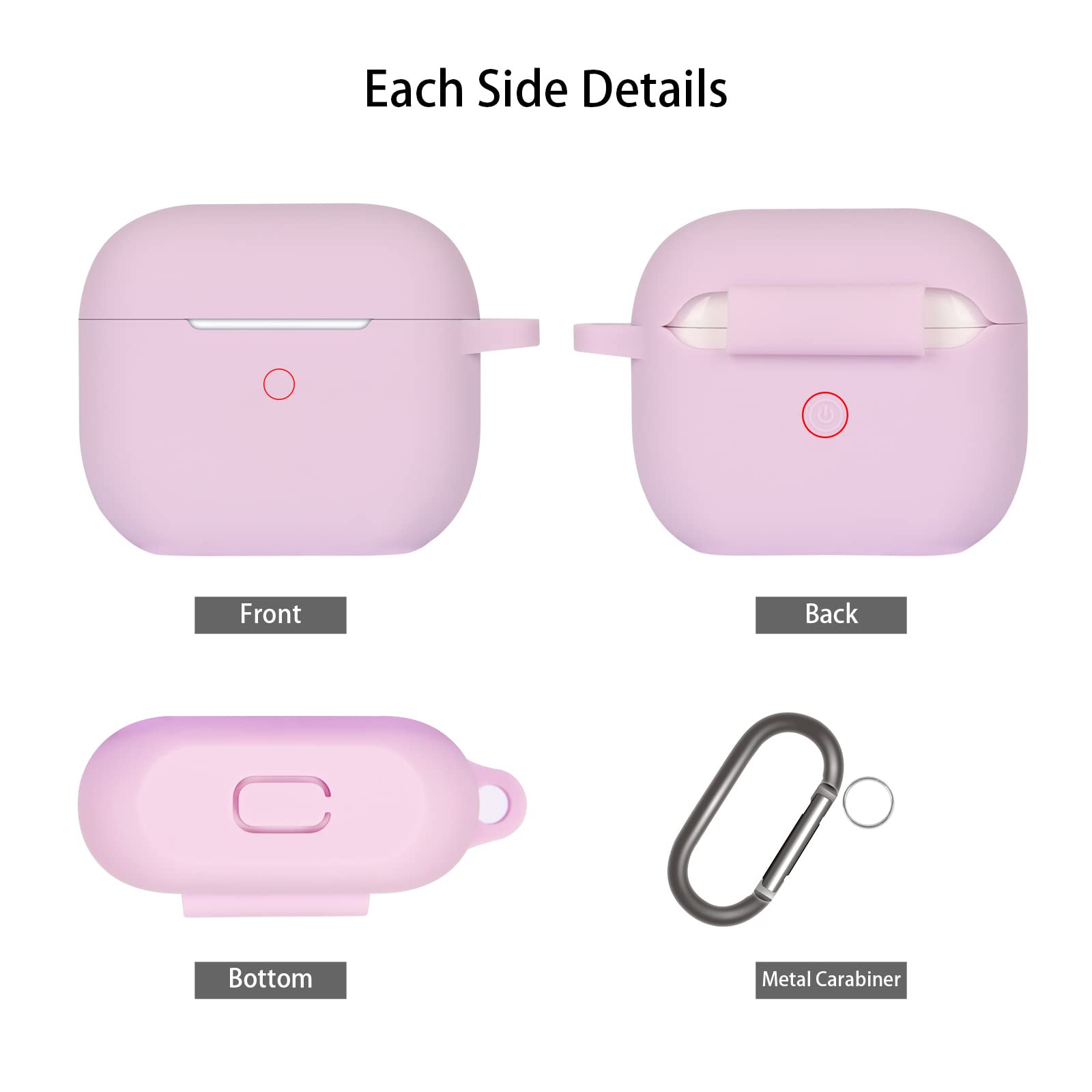 Funda de Silicona Compatible con AirPods 3, Anti-rasguños, Anti-Polvo, LED Frontal Visible, Funda Premium Silicona para AirPods 3.ª Generación (2021) con Mosquetón, Lavanda - 4
