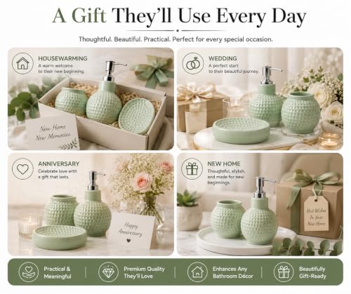 Image of Quace Ceramic Bathroom Accessories Set of 3, Soap Dispenser, Toothbrush Holder & Soap Dish, Modern Bathroom Decor Set for Wash Basin, Vanity Counter & Home Bathroom (Sage Green)