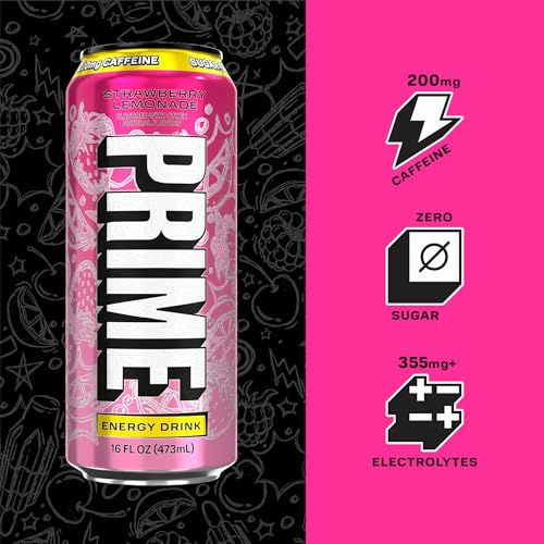 Image of PRIME Energy STRAWBERRY LEMONADE, Sugar Free Energy Drink, 200mg Caffeine and 355mg of Electrolytes for Hydration, Low Calorie, Vegan, Gluten Free,16 Fluid Ounce, 12 Pack