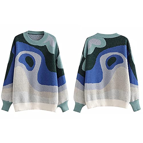 Image of MISSACTIVER Women Casual Knitted Mock Neck Sweater Print Colorblock Long Sleeve Loose Fit Pullover Knitwear (Small, Blue)