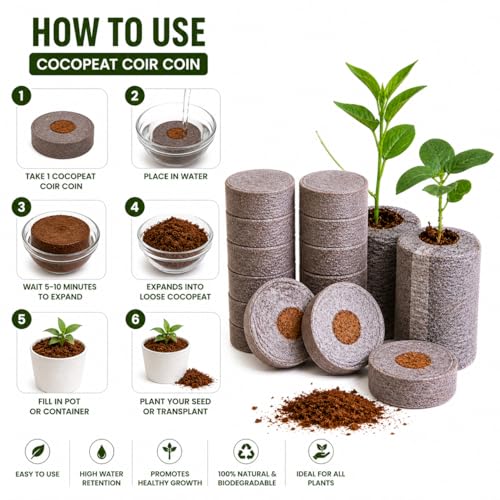 Image of Cocopeat Seed Germination Kit | Coir Coin for Gardening Seedling | Kit for Strong Root Growth |Size 4cmx1cm | Coco Peat Disc for Plants | Netted |Round (Pack of 10)