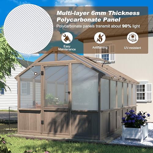 Image of MUPATER 8' x 12' Outdoors Walk-in Greenhouse, Wood Greenhouse with Ventilated Window and Lockable Door, 6mm Polycarbonate Panels for UV Protection and Heat Insulation,Suitable for Patio, Backyard