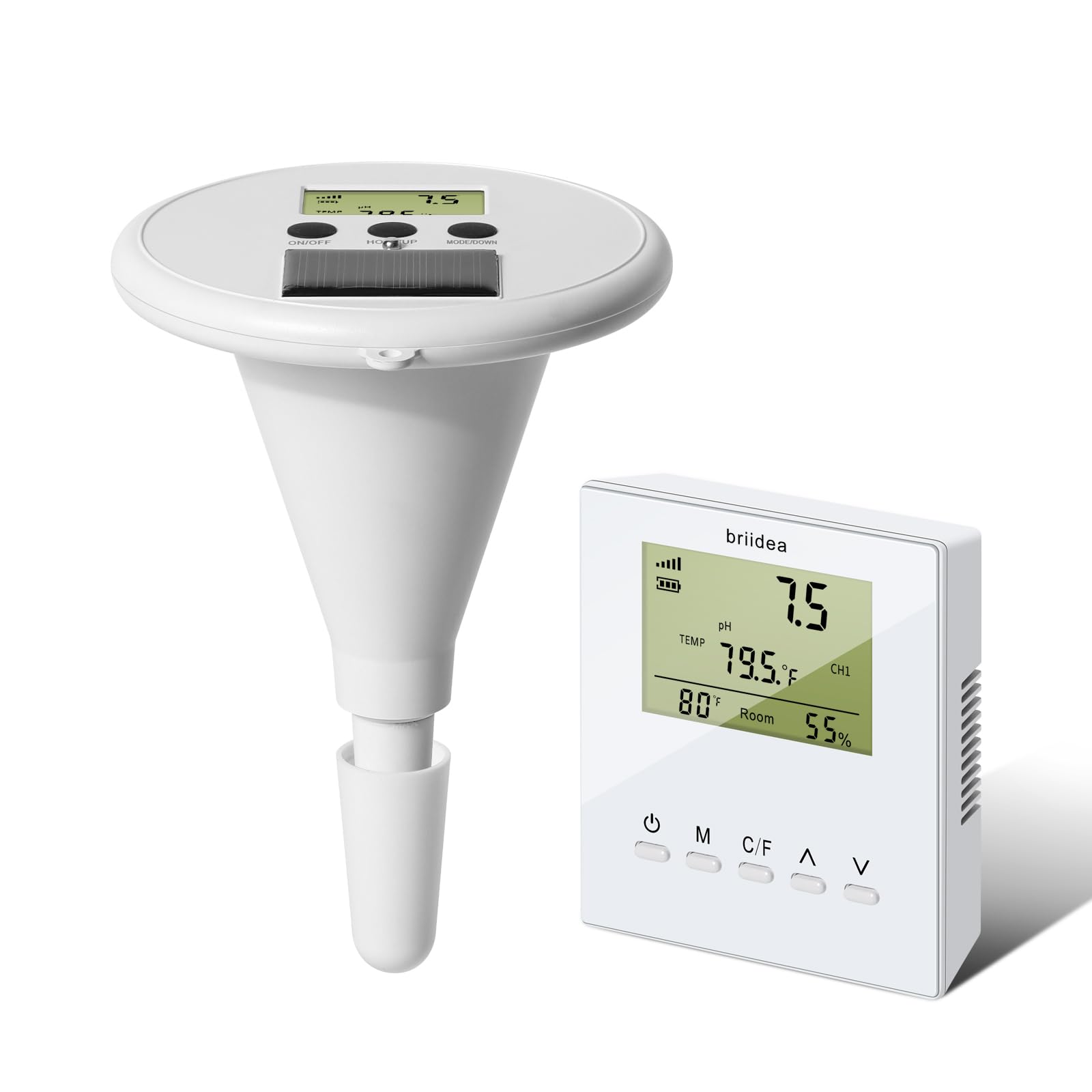 briidea Kabelloses Digitales Schwimmbad-Wasserprüfgerät Mit Zwei Displays & Hochpräziser Elektrode Zur Messung Von Temperatur, pH, EC, TDS Für Alle Pools, Whirlpools Und Spas