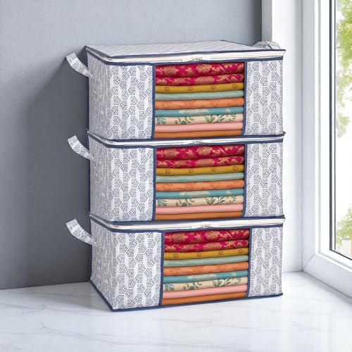 Image of Homestrap Set of 3 Heavy-Duty Clothes Storage Bag - 30L Capacity | Moistureproof & Dustproof Saree Cover Bags | Ideal Wardrobe Organizer for Sarees, Suits, Shirts, Kurtis & More - White
