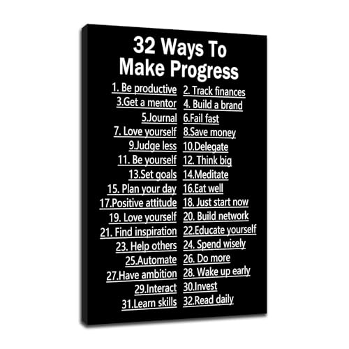 Inspirational Canvas Wall Art Motivational Office Wall Decor Quotes 32 Ways To Make Progress Poster Pictures Painting Artwork for Modern Home Study Room Bedroom Gym Ready to Hang [12''Wx 18''H]