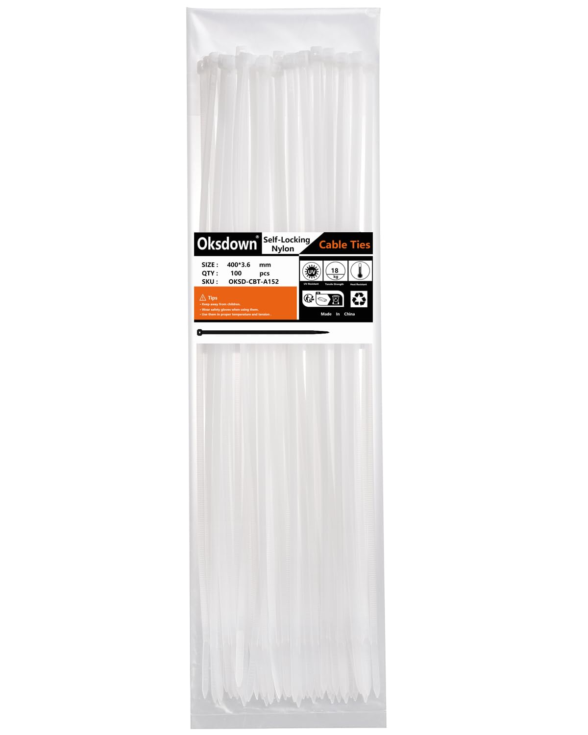 Oksdown 100 Stück 400mm × 3,6mm Weiß Kabelbinder mit 18 kg Zugfestigkeit UV-Beständig Nylon Kunststoff Selbstsichernder Multifunktionaler Cable Zip Ties