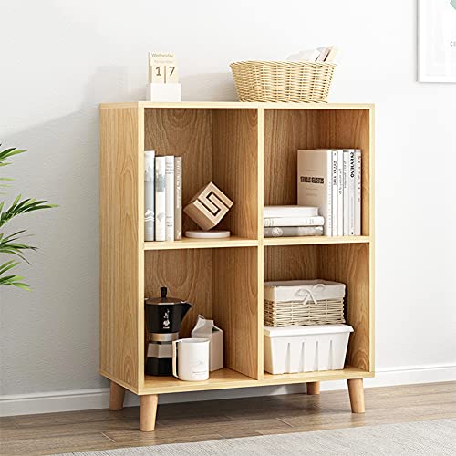 Iotxy Freestanding Open Cubes Bookcase - 2-Tier Floor Standing Wooden Storage Display Cabinet Organizer With Legs For Home Office, 4-Cubes Open Shelf Low Short Bookshelf, Oak #TOP1
