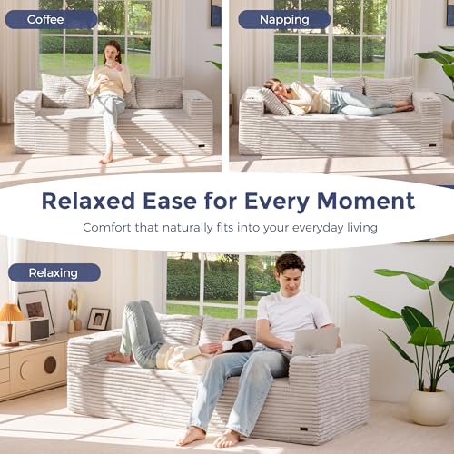 Image of MAXYOYO 79 inch Oversized Boneless Loveseat Sofa Couch for Small Spaces, Mini Love Seat Floor Couch with Cup Holders and Pillows, 3-Seater Upholstered Cloud Couch for Bedroom, No Assembly Required