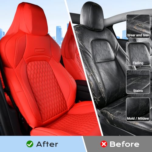 Image of Coverado Front Seat Covers for Tesla Model 3, New Car Seat Covers, Front 2PCS Leatherette Car Seat Cover Seat Protector Custom for Tesla Model 3 2024-2025 New Red