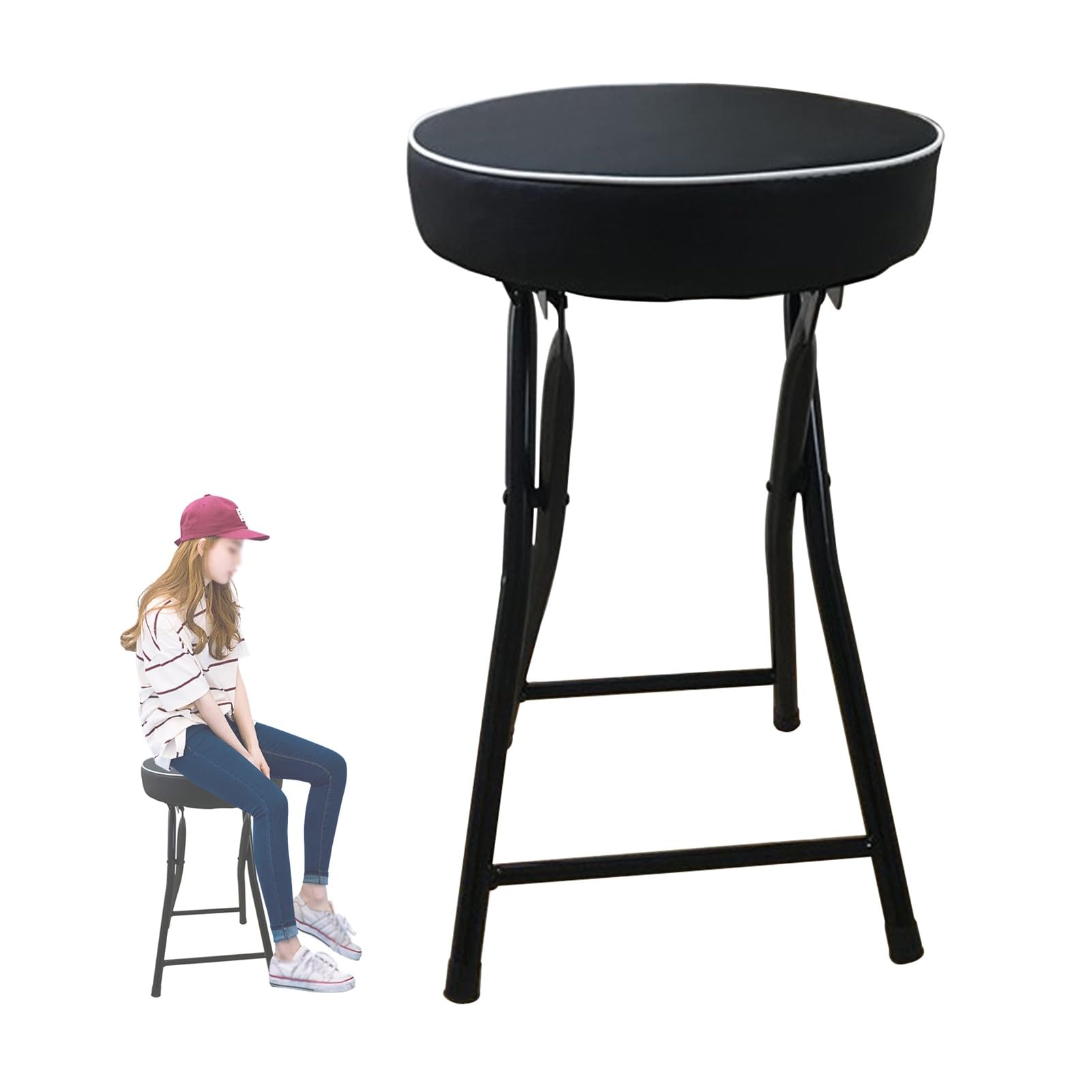 Metal Foldable Kitchen Tall Stool, 20in Backless Round Padded Folding Bar Chair with Footrest for Adults, 265lbs Capacity(Black)