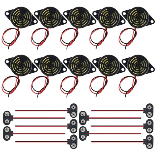 DiGiYes 10Pcs Active Piezo Buzzer SFM-27 DC 3-24V 95DB High Decibel Alarm Siren with 10pcs 9V Battery Connector for Motorcycle Car Scooter (Black)